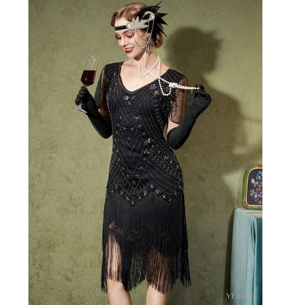 NEW YESSA Black Silver Beaded Kamilah 1920s Flapper Cocktail Gatspy‎ Dress S